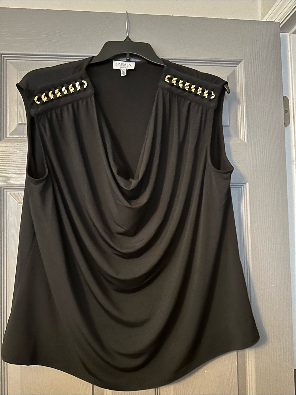 Carmen Marc Valvo Black Sleeveless Draped Cowl Top with Gold Chain Embellishment